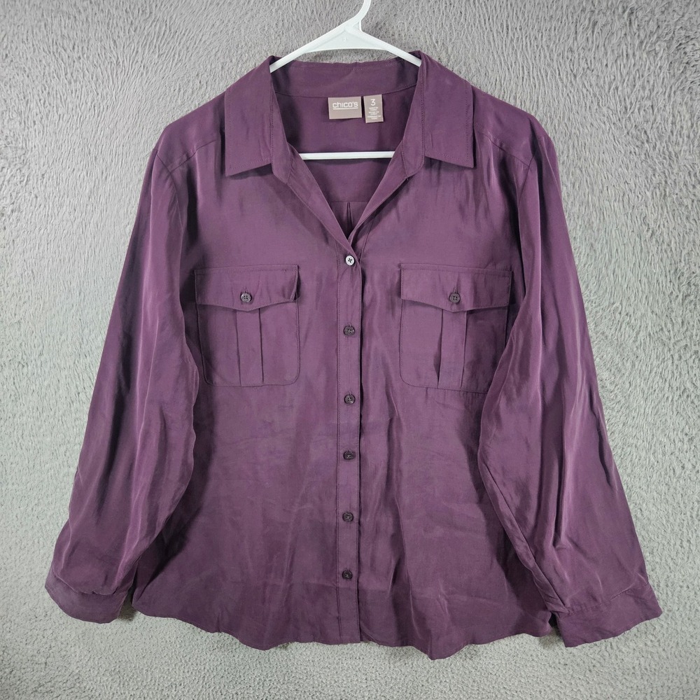 Chico's‎ Plum Purple Modal Blend Utility Button Down Shirt Size 3 Pocket Top